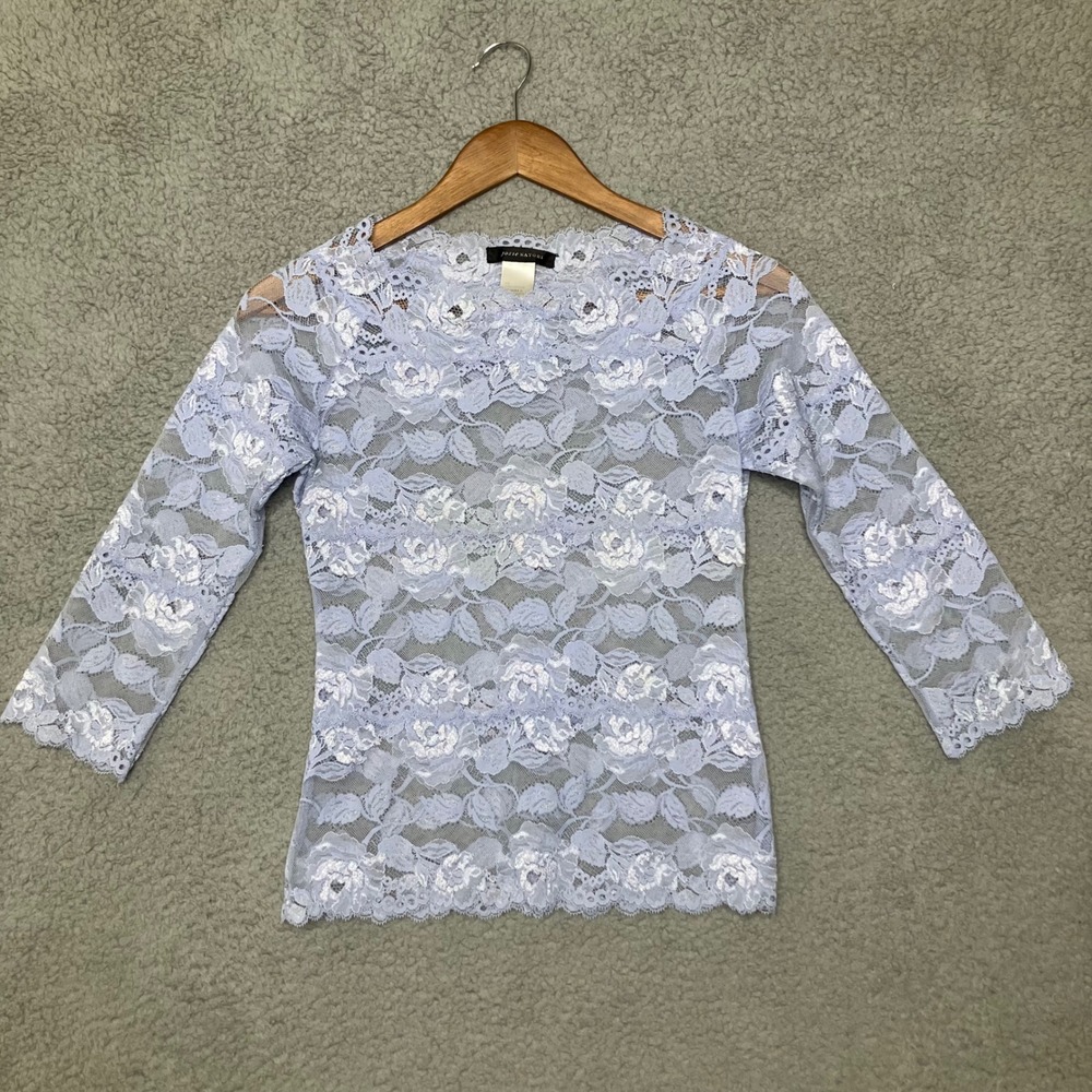 VTG Y2K Josie Natori Lace Top S Periwinkle Metallic Rose Layering Romantic Fairy